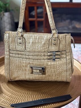GUESS Croc-Embossed Cream Shoulder Bag with Rhinestone Plaque purple floral too